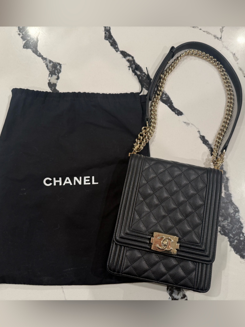 CHANEL Black Quilted Leather Boy Style Shoulder Bag with Gold Hardware